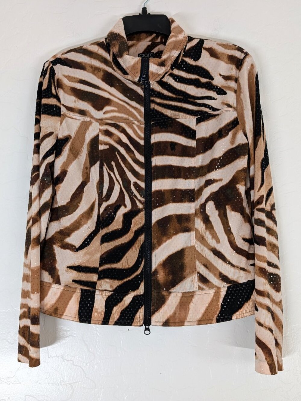 CLARA SUN WOO Jacket Women's XS Animal Print Sequin Zip Long Sleeve Mock Neck